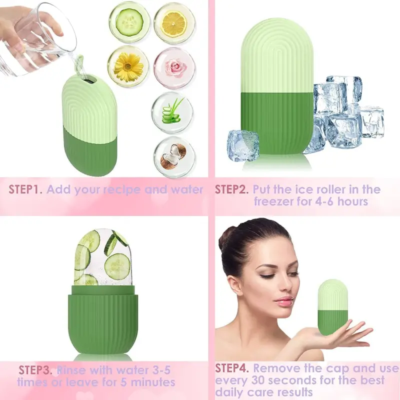 Ice roller usage scenarios shown on a model's face and body