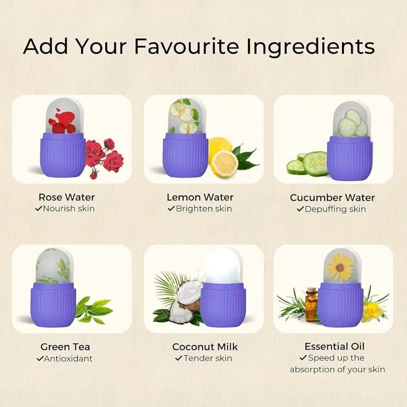 Ice roller alongside suggested ingredients for the water reservoir, including rose, lemon and cucumber