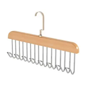 8-hook wooden hanger with metal hooks and a gold-toned swivel top hook, product shot on white background