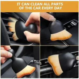 Collage of the cleaning brush being used on various car interior surfaces
