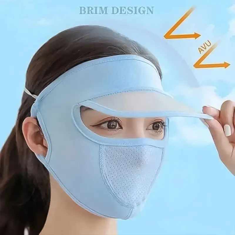 Side view of a model wearing the blue UV protection face cap, showing the visor and ear strap
