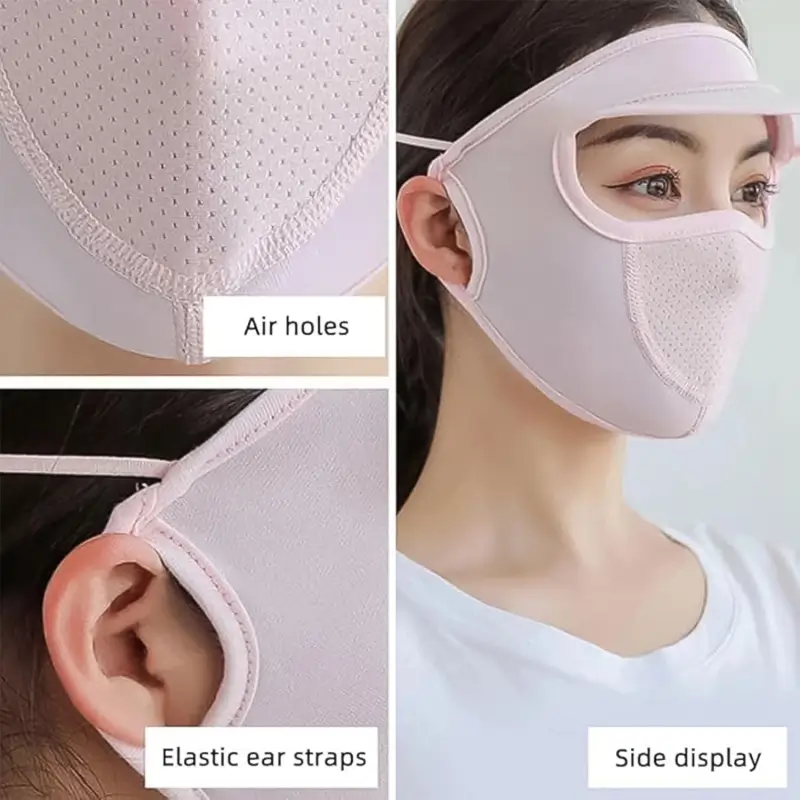 Close-up of the cap's mesh air holes and elastic ear strap, with a model wearing the pink version