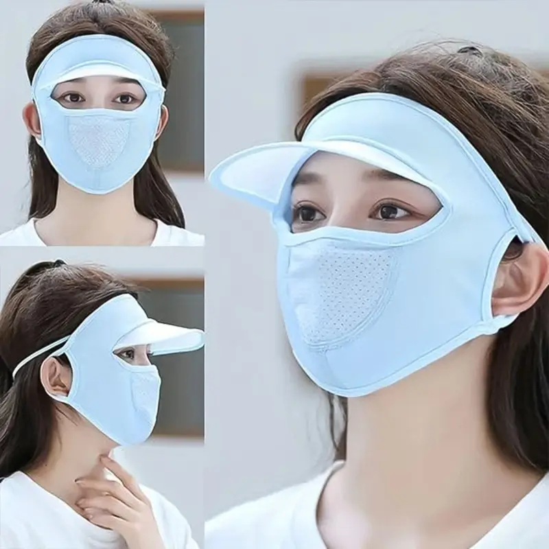 Model wearing the blue UV protection cap from front and side angles