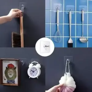 Collage showing the transparent wall hooks holding a broom, kitchen utensils, a photo frame, a clock and a loofah