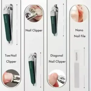 Labeled diagram of the manicure kit's tools: toe-nail clipper, nail clipper, diagonal nail clipper and nano nail file