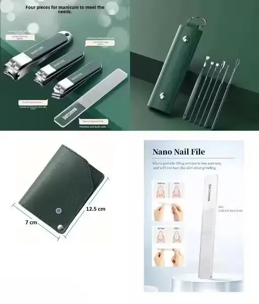 Manicure case shown closed with dimensions (7 x 12.5 cm), plus the four main tools and ear-cleaning picks