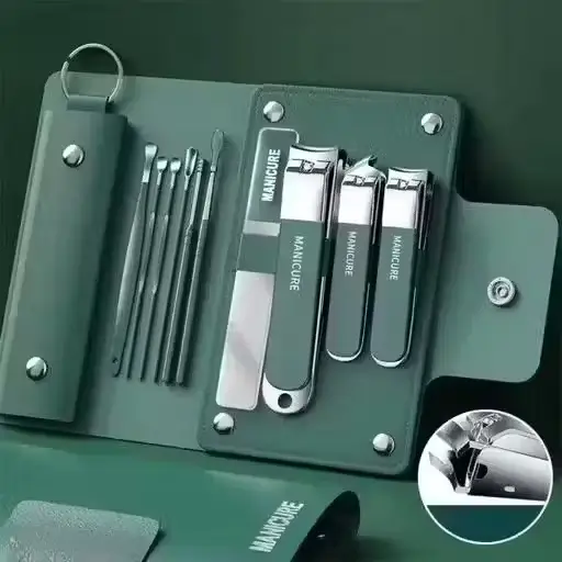 Open manicure case showing all clippers, picks and nail file in their individual slots