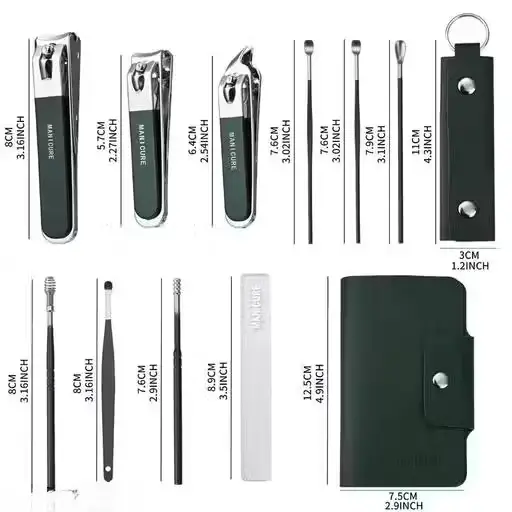 All 10 tools laid out individually with their measurements, next to the folded case