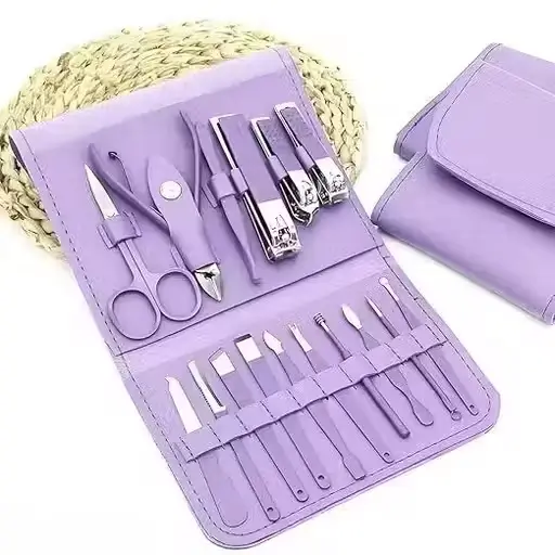 16-piece purple manicure and grooming kit laid out in its open fold-out case