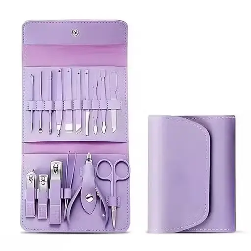 Purple manicure kit case shown closed next to the open kit with all 16 tools visible
