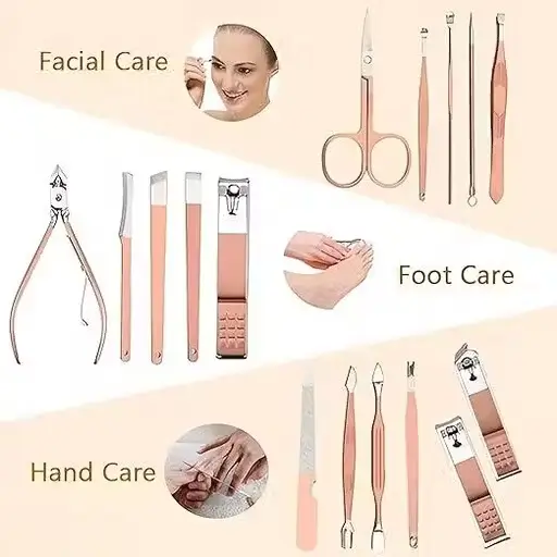 Manicure tools grouped by use: facial care, foot care and hand care, shown in pink and rose gold