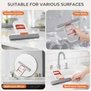 Collage showing the cleaning wiper used on kitchen counters, tiled walls, a bathroom mirror and bathroom counter