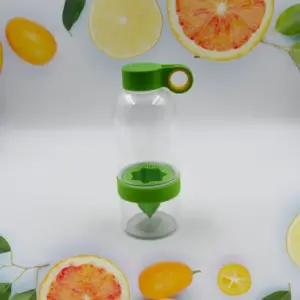 Clear citrus infuser water bottle with green cap and carry loop, surrounded by citrus fruit slices