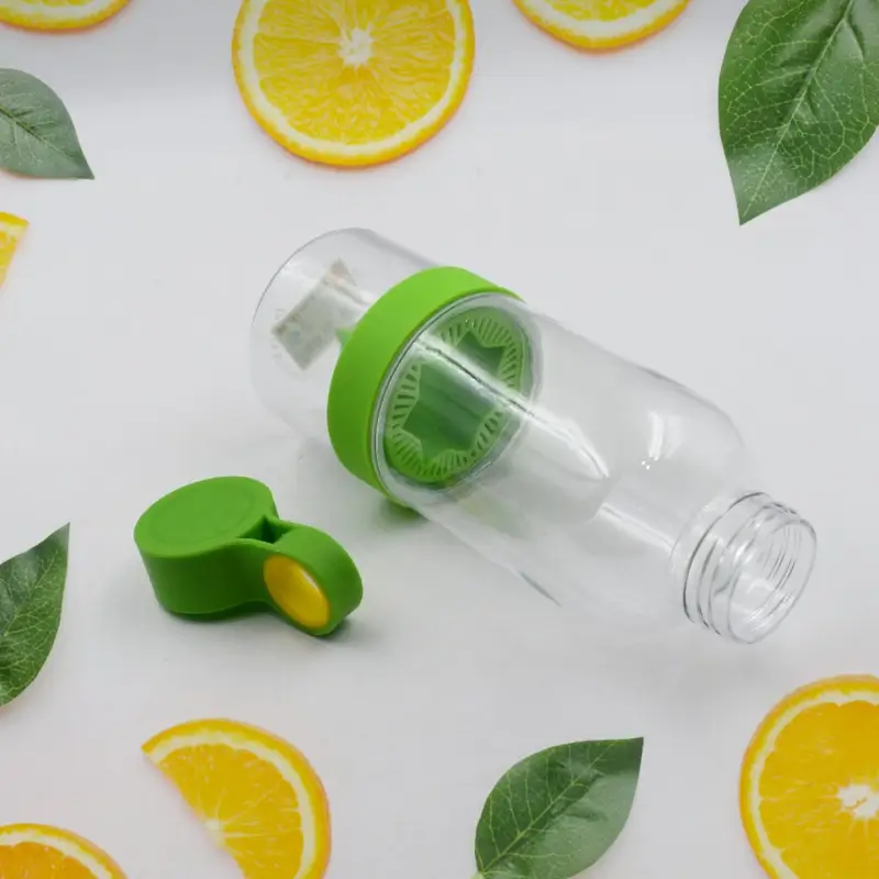 Bottle laid on its side, disassembled into cap, main body and base reamer section