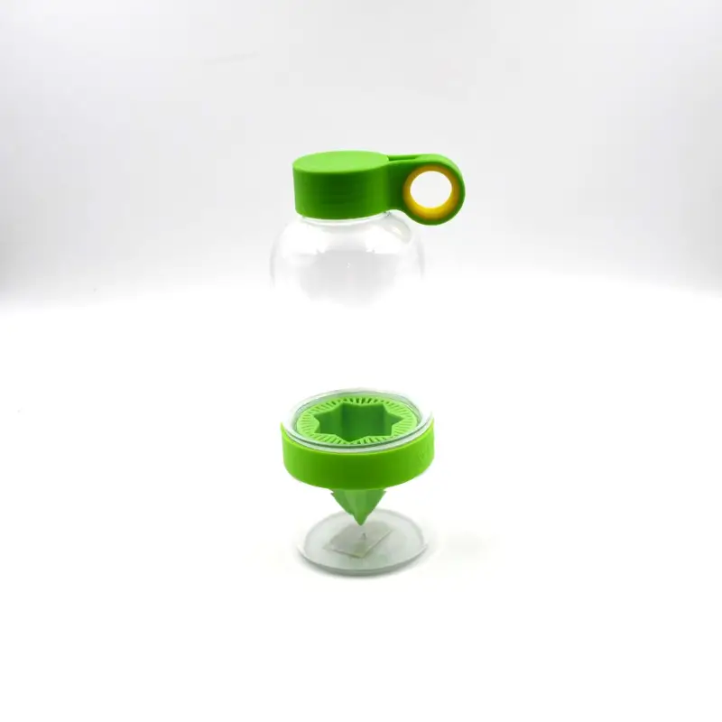 Bottle's two parts shown separated: the main body with cap, and the base with mesh disc and reamer