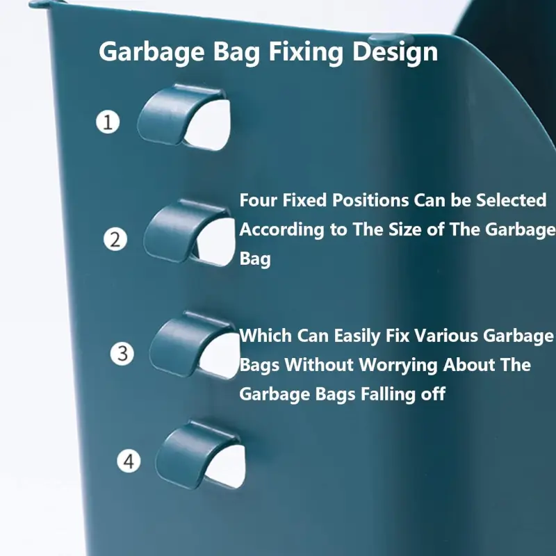 Close-up of the trash bag holder's four adjustable bag-clip positions on one panel