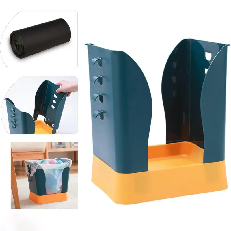 Trash bag frame shown collapsed next to a roll of bags, a hand adjusting a clip, and the frame in use in a living room