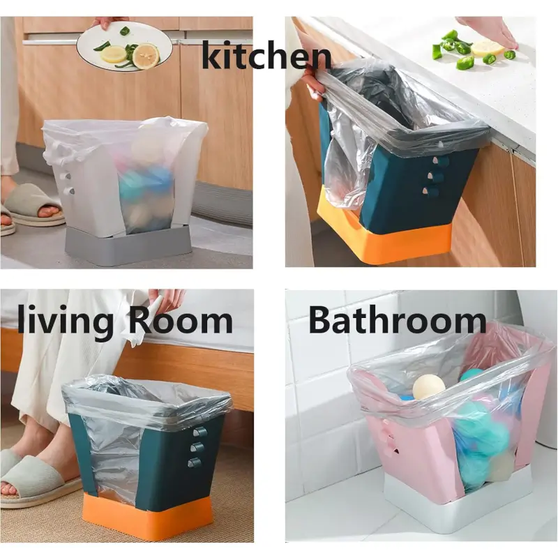 Trash bag frame in use in a kitchen, propped against a cabinet and against a counter edge