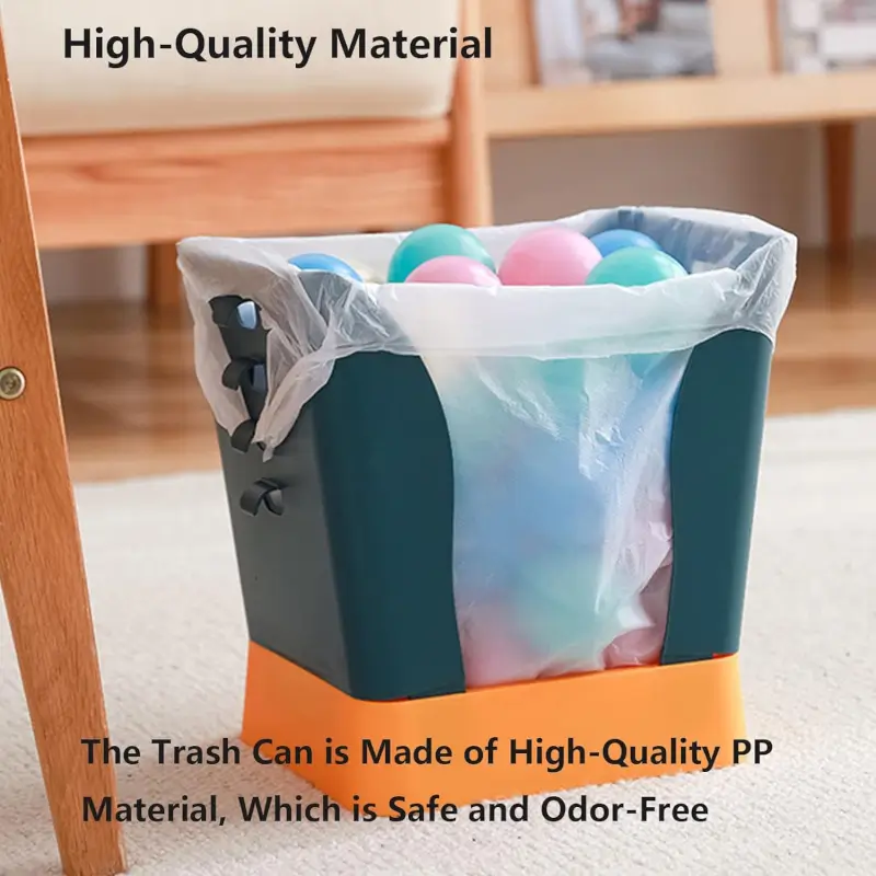 Trash bag frame holding a full bag, labeled as made from PP plastic