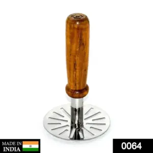 Stainless steel potato masher with wooden handle, product shot on white background