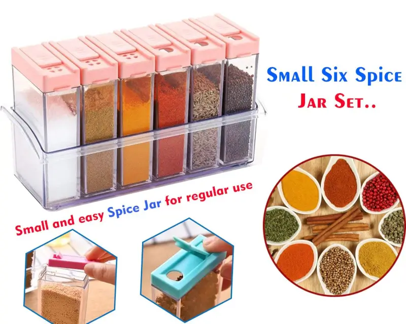 Six spice jars in their tray, with close-ups of the flip-lid spout mechanism
