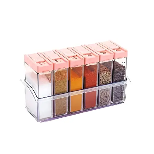 Six spice jars filled with different spices, angled view showing the flip lids