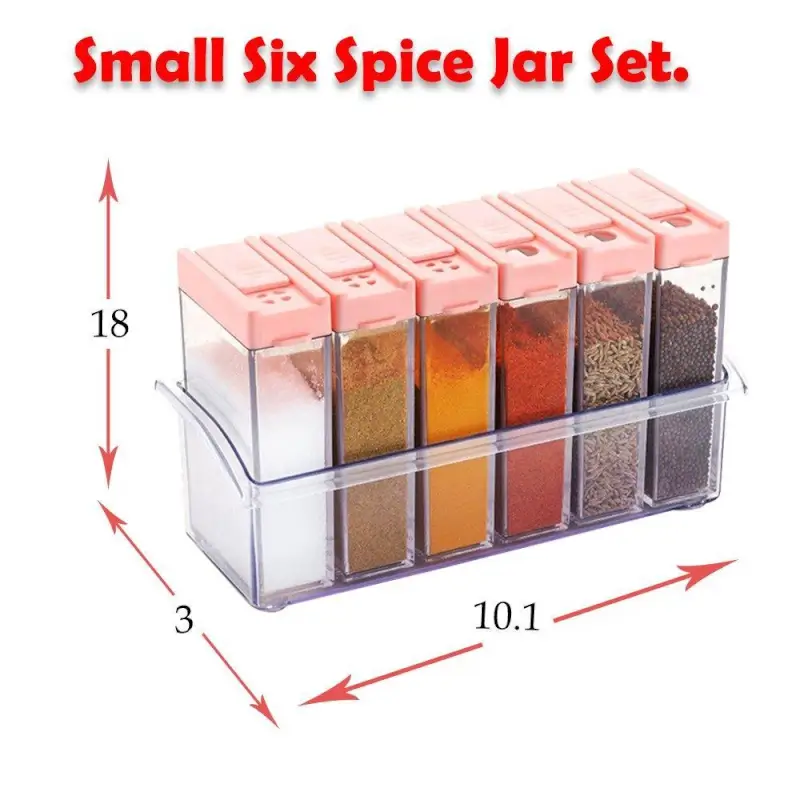 Six spice jars in their tray with overall dimensions labeled