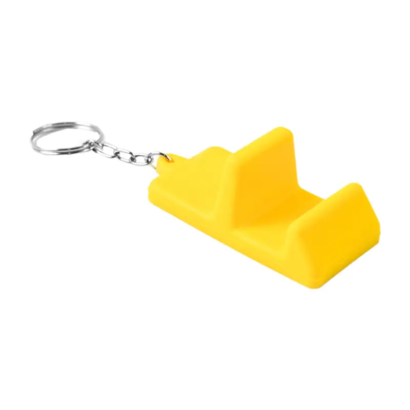 Yellow phone stand keychain, angled product shot on white background