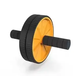 Yellow and black dual-wheel ab roller with foam handles, product shot on white background