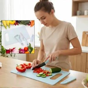 Woman slicing bell peppers on the light blue chopping board with the knife from the set