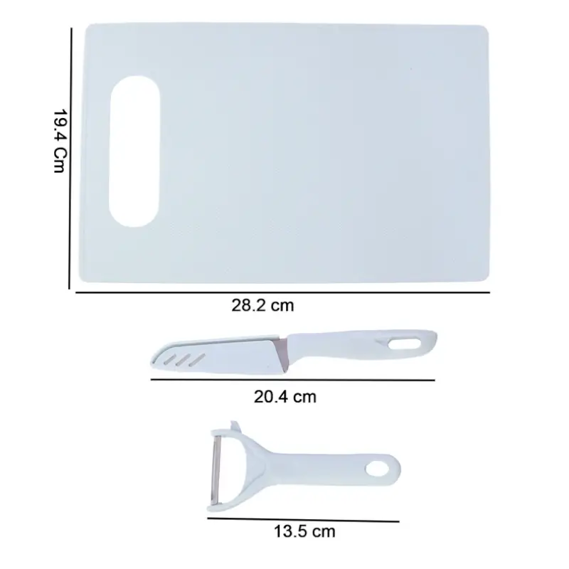 Chopping board, knife and peeler shown with dimensions: 19.4 x 28.2 cm board, 20.4 cm knife, 13.5 cm peeler