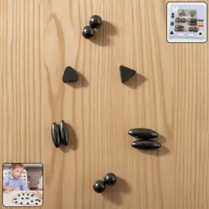 Assorted magnetic pieces on a wooden table: spheres, triangles and oval shapes, with insets showing the packaging and a child playing