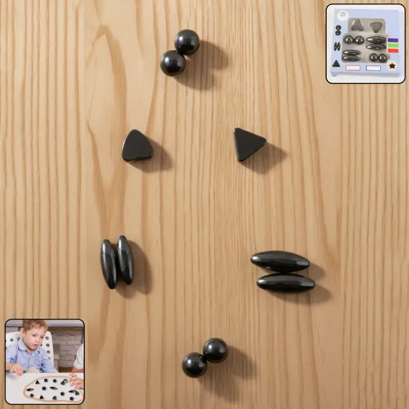 Assorted magnetic pieces on a wooden table: spheres, triangles and oval shapes, with insets showing the packaging and a child playing