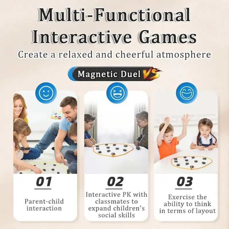 Magnetic pieces and orange cord laid in a loop on a table, with photos showing children and adults playing the game