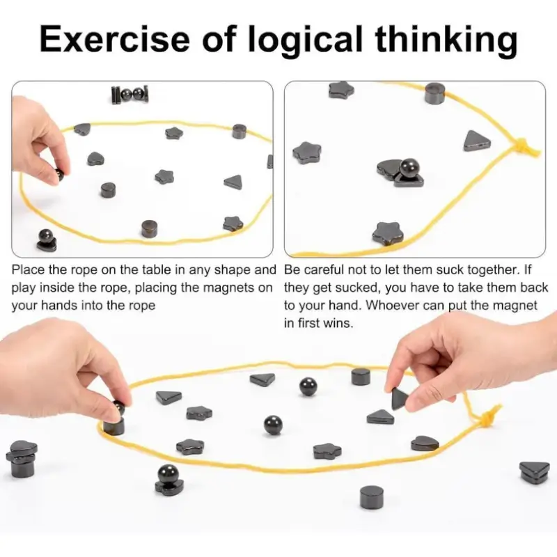 Instructions for the magnet-in-the-loop game shown with two example rounds, plus a photo of two children playing