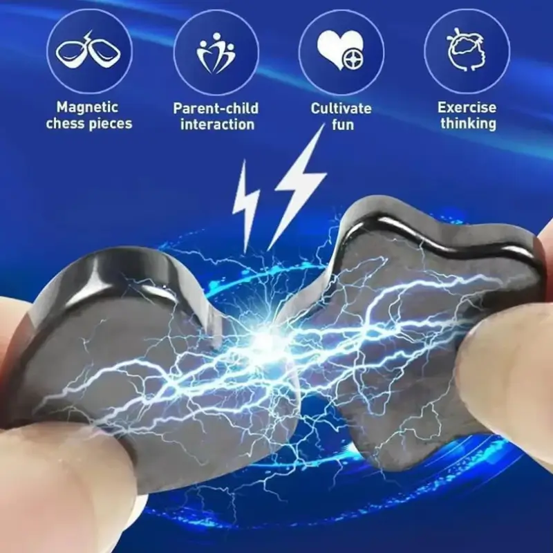 Two magnetic pieces attracted together between someone's fingers, with icon labels for the kit's features