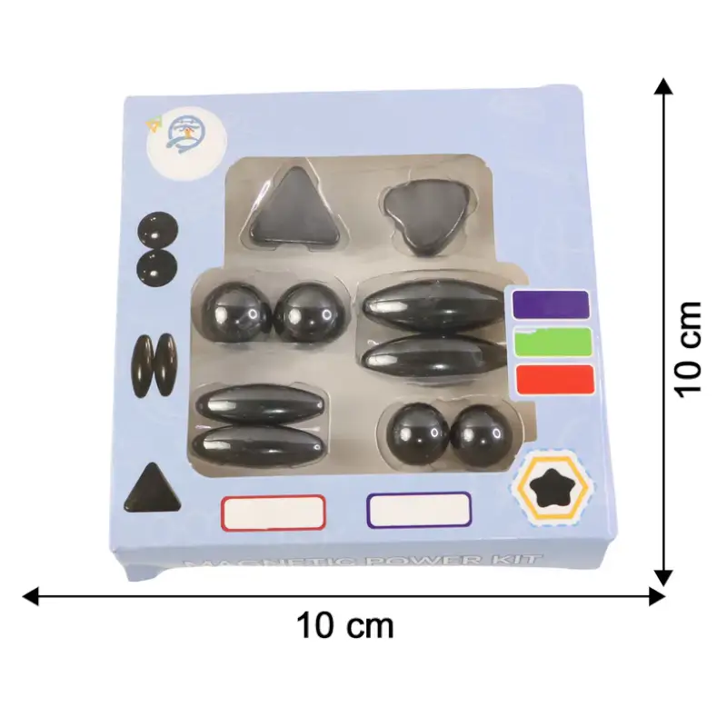 Magnetic Power Kit packaging shown with box dimensions labeled 10 x 10 cm