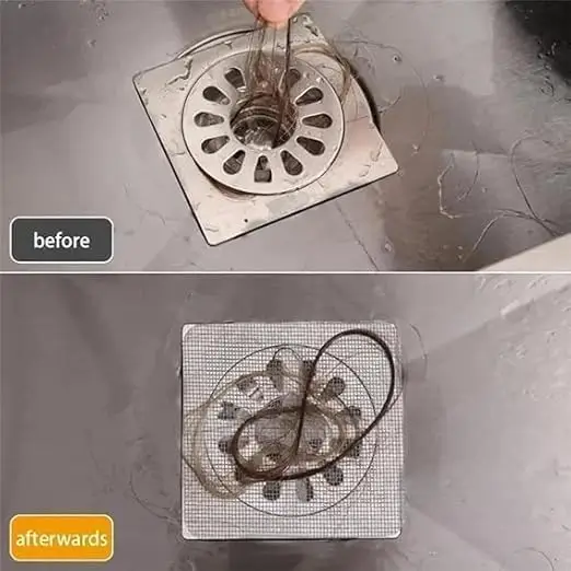 Before and after photo showing hair caught on top of a mesh drain sticker instead of going down the drain