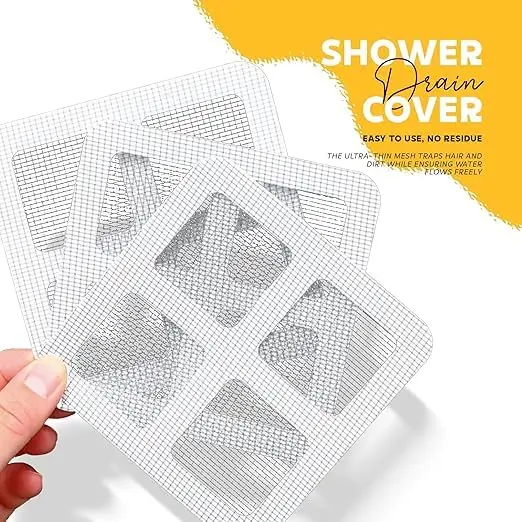 Three mesh drain stickers fanned out, labeled 'Shower Drain Cover'