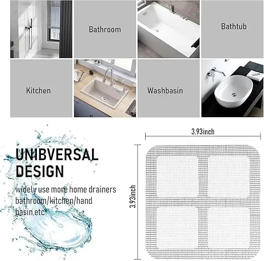Mesh drain stickers shown applied to a bathroom, bathtub, kitchen sink and washbasin, with dimensions labeled 3.93 x 3.93 inches