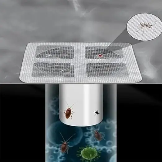 Close-up of a mesh drain sticker's grid pattern with a small insect illustration