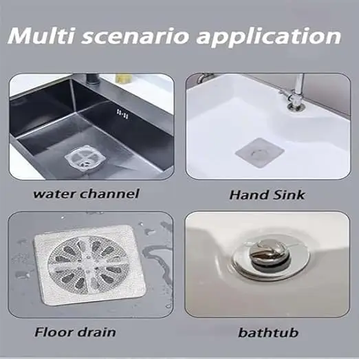 Mesh drain stickers shown applied to a kitchen sink, hand sink, floor drain and bathtub drain