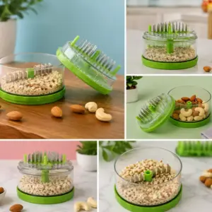 Chopper lid and cup shown apart, filled with crushed almonds and cashews, on a wooden table