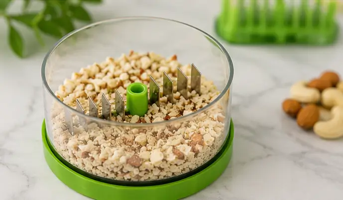 Chopper lid and cup shown open, filled with whole almonds and cashews